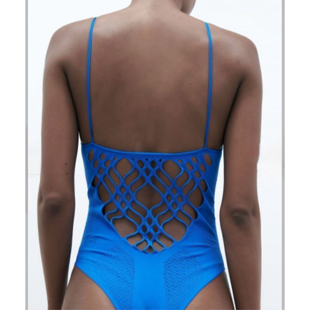 Zara women’s electric royal blue mesh high neck bodysuit NWT strappy M-L